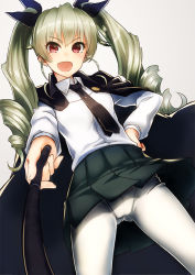 Rule 34 | 10s, 1girl, akai kagerou, anchovy (girls und panzer), belt, black skirt, cape, dress shirt, drill hair, emblem, foreshortening, girls und panzer, green hair, grey background, hair ribbon, hand on own hip, holding, holding riding crop, long hair, long sleeves, looking at viewer, miniskirt, necktie, open mouth, panties, panties under pantyhose, pantyhose, pleated skirt, pointing, red eyes, ribbon, riding crop, school uniform, shirt, skirt, smile, solo, standing, twin drills, twintails, underwear, white pantyhose, white shirt