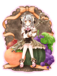 Rule 34 | 1girl, ahoge, blush, braid, character request, copyright name, detached sleeves, double bun, dress, flower, food, frilled dress, frills, fruit, grapes, grey hair, hair bun, hair ribbon, hair tubes, holding, holding key, horns, key, long sleeves, orange eyes, oversized food, oversized object, parted lips, peach, pomegranate, pumpkin, ribbon, shinra (skrm), shoe flower, sitting, solo, trickster (ntreev soft)