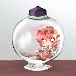 Rule 34 | 1girl, bottle, chibi, commentary request, dress, earrings, hat, highres, in bottle, in container, ini (inunabe00), ini phm, jewelry, looking at viewer, mystia lorelei, o o, pink hair, short hair, solo, sweatdrop, touhou