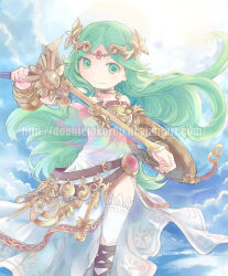 Rule 34 | 1girl, blue sky, chain, cloud, diadem, feet out of frame, forehead jewel, gold chain, green eyes, green hair, holding, holding sword, holding weapon, kid icarus, kid icarus uprising, long hair, nintendo, palutena, saya (lelulinna), shield, sky, smile, solo, sword, thighhighs, vambraces, watermark, weapon