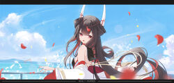 Rule 34 | 1girl, azur lane, bare shoulders, black hair, black sailor collar, blue sky, cloud, colored inner hair, commentary, day, detached sleeves, english commentary, english text, falling petals, fang, galodos, hatsuzuki (azur lane), highres, horns, japanese clothes, jewelry, kimono, letterboxed, long hair, long sleeves, looking at viewer, multicolored hair, nail polish, ocean, open mouth, outdoors, petals, red eyes, red hair, red nails, ring, sailor collar, skin fang, sky, smile, solo, sunlight, torii, upper body, very long hair, water, waves, wedding ring, wide sleeves