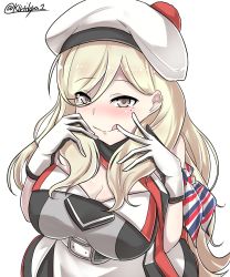 Rule 34 | 10s, 1girl, absurdres, beret, blonde hair, breasts, cleavage, gloves, hair between eyes, hand on own face, hat, heart, heart-shaped pupils, highres, kantai collection, kiritto, large breasts, long hair, looking at viewer, mole, mole under eye, richelieu (kancolle), simple background, smile, solo, symbol-shaped pupils, tongue, tongue out, twitter username, upper body, white background, yellow eyes