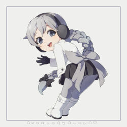 Rule 34 | 1girl, 310123, \||/, back bow, black bow, black gloves, black skirt, boots, border, bow, braid, braided ponytail, chibi, clenched hand, coat, commentary request, earmuffs, from behind, full body, gloves, grey bow, grey eyes, grey hair, grey pantyhose, hair bow, hand up, highres, knee boots, leaning forward, long hair, long sleeves, looking at viewer, looking back, open mouth, pantyhose, raised eyebrows, sekka yufu, simple background, skirt, smile, solo, standing, utau, very long hair, waving, white background, white border, white coat, white footwear, winter clothes, winter coat