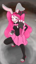 Rule 34 | absurdres, bad end precure, bodysuit, corruption, cure whip, dark persona, elly snail, fighting stance, highres, ichika usami, kirakira precure a la mode, latex, paw shoes, pink hair, precure, rabbit ears, rabbit girl, rabbit tail, red eyes, twintails