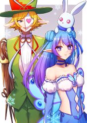 Rule 34 | 1boy, 1girl, bare shoulders, blue eyes, blue hair, breasts, rabbit, character request, cleavage, green headwear, green suit, hair ornament, hat, highres, looking at viewer, maou-jou de oyasumi, mask, navel, pointy ears, ranchu000, scissors sorceror, snowflakes, suit, wings
