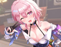 Rule 34 | ;d, absurdres, archery shooting glove, armpits, astral express (honkai: star rail), black choker, blue eyes, blue jacket, blurry, blurry background, blush, breasts, choker, cleavage, collarbone, collared shirt, earrings, flower ornament, gradient eyes, halter shirt, halterneck, highres, honkai: star rail, honkai (series), jacket, jewelry, large breasts, long sleeves, looking at viewer, march 7th (honkai: star rail), medium hair, multicolored eyes, one eye closed, open mouth, partially fingerless gloves, pink eyes, pink hair, shirt, single earring, smile, tetori (tetolisto), textless version, three-finger salute, tied jacket, two-tone eyes, upper body, white shirt, white sleeves
