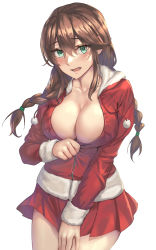 Rule 34 | 1girl, blush, braid, breasts, brown hair, cleavage, collarbone, cowboy shot, green eyes, hair between eyes, highres, jacket, kantai collection, kokuzou, large breasts, long hair, long sleeves, noshiro (kancolle), open mouth, pleated skirt, pom pom (clothes), red jacket, red skirt, simple background, skirt, solo, twin braids, white background