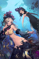 Rule 34 | 00s, 2007, 2girls, armpits, artist name, bare shoulders, black eyes, black hair, blonde hair, blue eyes, blue nails, breasts, bubble, c type, cleavage, conductor, crab, ctype, detached sleeves, dress, dutch angle, earrings, fingernails, fish, flat chest, gem, hand on own cheek, hand on own face, hat, headdress, highres, jewelry, large breasts, lips, long fingernails, long hair, mermaid, monster girl, multiple girls, nail polish, narrow waist, navel, original, parted lips, pasties, pearl (gemstone), scales, seaweed, shark, short hair, starfish, underwater
