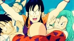 Rule 34 | 2boys, 2girls, age difference, angry, animated, animated gif, armpits, arms up, bald, beard, black hair, blush, bracelet, breast press, breasts, bulma, chi-chi (dragon ball), clenched teeth, cloud, creature, dragon ball, dragonball z, face between breasts, facial hair, green hair, grin, head between breasts, jewelry, long hair, lowres, multiple boys, multiple girls, muten roushi, old, old man, open mouth, pervert, puar, scar, short hair, sky, smile, standing, sunglasses, talking, teeth, yamcha