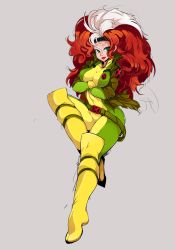 Rule 34 | 10s, 1girl, bad id, bad tumblr id, belt, big hair, bodysuit, boots, breasts, commentary, crossed arms, curvy, green eyes, headband, jacket, large breasts, lipstick, long hair, makeup, marvel, multicolored clothes, multicolored hair, red hair, rogue (x-men), simple background, slugbox, smirk, solo, thigh boots, thighhighs, two-tone hair, white hair, x-men