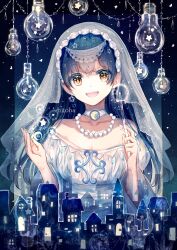 Rule 34 | 1girl, absurdres, bare shoulders, blue background, blue hair, blue theme, breasts, brooch, choker, city, crescent choker, dress, earrings, gradient background, hands up, highres, hitoba, holding, holding wand, jewelry, light bulb, long hair, looking at viewer, necklace, open mouth, original, pearl necklace, skyline, small breasts, solo, star (symbol), star earrings, starry hair, strapless, strapless dress, tassel, upper body, veil, wand, white dress, yellow eyes