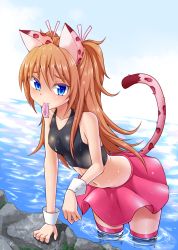 Rule 34 | 10s, 1girl, :d, animal ears, bell, blue eyes, blush, cat ears, cat tail, condom, condom in mouth, houjou hibiki, kanichiri, light smile, long hair, looking at viewer, midriff, mouth hold, navel, open mouth, panther pink (precure), partially submerged, pink skirt, precure, skirt, smile, solo, suite precure, tail, thighhighs, wading, wet