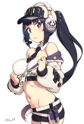 Rule 34 | 1girl, absurdres, artist name, bad id, bad twitter id, bare shoulders, baseball cap, black hair, breasts, bright pupils, cleavage, cloba, closed mouth, commentary request, cowboy shot, crop top, detached collar, covered erect nipples, hat, headphones, headset, highres, impossible clothes, impossible shirt, inactive account, lanmei, large breasts, long hair, looking at viewer, midriff, short necktie, navel, off shoulder, original, ponytail, purple eyes, shirt, short shorts, shorts, sidelocks, signature, simple background, solo, strapless, tube top, very long hair, white background, zipper