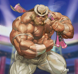 Rule 34 | 1boy, antonov (kof), beard, biceps, blonde hair, cigar, facial hair, facing viewer, flexing, hat, itadori shuu, large hands, large pectorals, muscular, muscular male, open mouth, pectorals, smile, smoking, snk, solo, sunglasses, the king of fighters, topless male