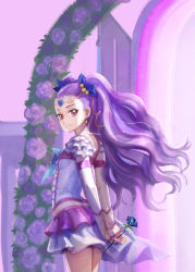 Rule 34 | 1girl, arm strap, blue flower, circlet, cowboy shot, floating hair, flower, from side, highres, holding, holding flower, layered skirt, long hair, looking at viewer, milky rose, miniskirt, precure, purple flower, purple hair, red eyes, shirt, skirt, solo, sparkle, standing, ultramarimo, very long hair, white shirt, white skirt, yes! precure 5, yes! precure 5 gogo!