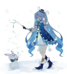 Rule 34 | 1girl, antler ornament, arm behind back, asagao minoru, beamed eighth notes, blue dress, blue footwear, blue hair, blue headwear, boots, closed eyes, commentary, dress, eighth note, fortissimo, frilled dress, frills, full body, fur-trimmed boots, fur-trimmed hood, fur trim, hair ornament, hat, hatsune miku, high heels, holding, holding stick, hood, illumination, layered dress, light blue hair, long hair, musical note, musical note hair ornament, musical note print, open mouth, rabbit, rabbit yukine, smile, snow, snowing, sparkle, stick, treble clef, twig, twintails, very long hair, vocaloid, walking, white background, yuki miku, yuki miku (2021) (candidate no.4)