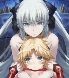 Rule 34 | 2girls, bandeau, bare shoulders, black bow, blonde hair, blue eyes, blush, bow, braid, breasts, detached sleeves, fate/apocrypha, fate/grand order, fate (series), french braid, green eyes, grey hair, hair bow, large breasts, long hair, looking at viewer, mordred (fate), mordred (fate/apocrypha), morgan le fay (fate), mother and daughter, multiple girls, parted bangs, ponytail, small breasts, tonee, very long hair
