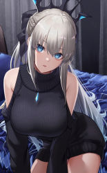 Rule 34 | 1girl, black bow, black sweater, bow, braid, breasts, clothing cutout, fate/grand order, fate (series), french braid, gem, grey hair, hair bow, highres, indoors, ironatsuki, large breasts, long hair, long sleeves, looking at viewer, morgan le fay (fate), open mouth, shoulder cutout, solo, sweater