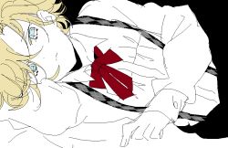 Rule 34 | 10s, 1boy, blonde hair, blue eyes, bowtie, child, closed mouth, collared shirt, diabolik lovers, flat color, kiri (qoo), lying, male focus, mukami kou, on side, partially colored, solo, suspenders, upper body, aged down