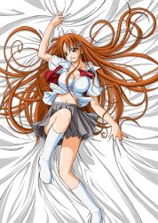 Rule 34 | 00s, 1girl, bad anatomy, bed, bed sheet, bleach, breasts, cleavage, clothes lift, eisbahnx, grey eyes, inoue orihime, large breasts, legs, long hair, lying, open clothes, open shirt, orange hair, poorly drawn, red hair, school uniform, serafuku, sheet grab, shirt, skirt, skirt lift, socks, solo, very long hair