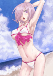 Rule 34 | 1girl, a-er (akkij0358), adapted costume, armpits, arms up, beach, bikini, black-framed eyewear, blue sky, blush, breasts, covered erect nipples, cowboy shot, day, fate/grand order, fate (series), hair over one eye, highres, light purple hair, looking at viewer, mash kyrielight, mash kyrielight (swimsuit of perpetual summer), medium breasts, navel, official alternate costume, outdoors, purple eyes, short hair, sky, solo, stomach, stretching, sweat, swimsuit, white bikini