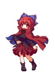 Rule 34 | 1girl, black footwear, black shirt, chinese commentary, cloak, closed mouth, commentary request, full body, lowres, pixel art, red eyes, red hair, red skirt, sekibanki, shirt, short hair, simple background, skirt, solo, touhou, touhou mystia&#039;s izakaya, white background, youzikk