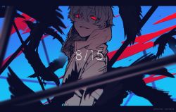Rule 34 | 1boy, amamiya hibiya, bird, blood, blue background, crow, dated, half-closed eyes, highres, kagerou days (vocaloid), kagerou project, letterboxed, looking at viewer, male focus, nanora (sero4), red eyes, shirt, short sleeves, simple background, sleeveless, sleeveless shirt, smile, upper body, vest, vocaloid