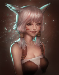 Rule 34 | 10s, 1girl, animal ears, breasts, cat ears, cleavage, facial mark, final fantasy, final fantasy xiv, grey eyes, hair tubes, highres, miqo&#039;te, poenatsha yuen, smile, solo, twintails, upper body, warrior of light (ff14), white hair