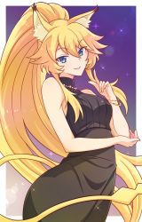 Rule 34 | 1girl, animal ear fluff, animal ears, bangle, bare arms, bare shoulders, black shirt, black skirt, blonde hair, blue eyes, bracelet, breasts, e20, hair between eyes, hand up, high-waist skirt, high ponytail, highres, jewelry, long hair, medium breasts, nail polish, outside border, parted lips, ponytail, rararin (show by rock!!), ribbed shirt, shirt, show by rock!!, skirt, sleeveless, sleeveless shirt, smile, solo, tail, very long hair, yellow nails