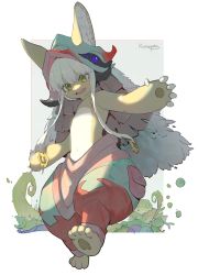 Rule 34 | 1other, :3, :d, androgynous, animal ears, artist name, barefoot, blunt bangs, fake horns, from below, full body, furry, green eyes, helmet, highres, horizontal pupils, horned helmet, horns, kurono 233, looking at viewer, looking down, made in abyss, nanachi (made in abyss), navel, open mouth, outstretched arms, plant, pouch, puffy shorts, rabbit ears, short hair with long locks, shorts, signature, smile, solo, spread arms, standing, standing on one leg, whiskers, white background, white hair
