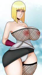 1girl arms_behind_back asymmetrical_legwear blue_eyes bowl_cut breasts cleft_of_venus closed_mouth curvy fishnet_thighhighs fishnet_top fishnets highres hime_cut huge_breasts looking_at_viewer mismatched_legwear naruto_(series) naruto_shippuuden no_bra samui_(naruto) see-through see-through_shirt shirt sonson-sensei standing thighhighs