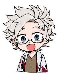Rule 34 | 1boy, :d, blood, blood on clothes, blue eyes, brown shirt, chibi, commentary request, eyebrows hidden by hair, glasses, kanou aogu, lab coat, looking at viewer, male focus, medu (rubish), open mouth, saibou shinkyoku, shirt, short hair, simple background, smile, solo, upper body, v-neck, white background, white hair