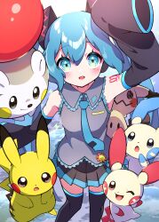 Rule 34 | 1girl, absurdres, arm up, bare shoulders, black footwear, blue hair, blush, boots, collared shirt, commentary request, creatures (company), crossover, detached sleeves, eyelashes, game freak, gen 1 pokemon, gen 3 pokemon, gen 7 pokemon, grey shirt, hatsune miku, highres, long hair, mimikyu, minun, necktie, nintendo, open mouth, pikachu, pleated skirt, plusle, pokemon, pokemon (creature), pon yui, shirt, skirt, sleeveless, sleeveless shirt, smile, solo, standing, thigh boots, togedemaru, twintails, vocaloid