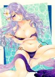 Rule 34 | 1girl, alternate costume, alto2019, bad id, bad pixiv id, bare legs, barefoot, bikini, breast hold, breasts, camilla (fire emblem), camilla (summer) (fire emblem), cleavage, collarbone, fire emblem, fire emblem fates, fire emblem heroes, flower, groin, hair flower, hair ornament, hair over one eye, hibiscus, large breasts, light purple hair, lips, long hair, looking at viewer, marker (medium), navel, nintendo, o-ring, o-ring bikini, purple bikini, purple eyes, sample watermark, sash, smile, solo, swimsuit, thighs, traditional media, undressing, untied bikini, water, watermark, wavy hair