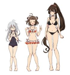 Rule 34 | 10s, 3girls, ahoge, barefoot, bikini, blue eyes, blush, breast envy, breasts, brown eyes, brown hair, cleavage, closed eyes, double bun, flat chest, frilled bikini, frills, full body, hair bun, height chart, height difference, hibiki (kancolle), kantai collection, knees together feet apart, long hair, moca blanc, multiple girls, naka (kancolle), navel, one-piece swimsuit, open mouth, ponytail, school swimsuit, short hair, silver hair, simple background, small breasts, smile, standing, swimsuit, thigh gap, v, very long hair, yamato (kancolle)