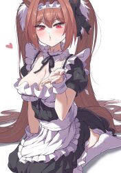 Rule 34 | 1girl, animal ears, blowing kiss, breasts, brown hair, cleavage, collarbone, commentary request, daiwa scarlet (umamusume), hair between eyes, hair ornament, highres, horse ears, horse girl, horse tail, itosu200, large breasts, looking at viewer, maid, maid headdress, open mouth, red eyes, seiza, simple background, sitting, solo, sweat, tail, twintails, umamusume, white background