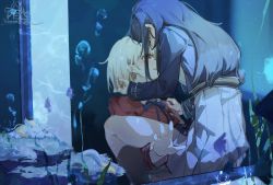 Rule 34 | 2girls, against glass, artist name, artist self-insert, blue dress, blue hair, bubble, chinese commentary, commentary request, couple, dress, eye contact, fish, fish tank, grey dress, highres, indoors, inoue takina, lifting person, light blush, long hair, looking at another, lycoris recoil, moyu marginal, multiple girls, nishikigi chisato, open mouth, pleated dress, purple eyes, red dress, red eyes, school uniform, seaweed, short hair, two-tone dress, uniform, white hair, yuri