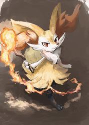 1girl :3 animal_ear_fluff animal_ears animal_hands artist_name braixen brown_background closed_mouth creatures_(company) female_focus fire fox_ears fox_girl fox_tail from_above full_body furry furry_female game_freak gen_6_pokemon happy highres holding ikei looking_at_viewer looking_up nintendo pokemon pokemon_(creature) red_eyes signature simple_background smile solo standing stick tail walking