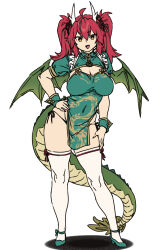 Rule 34 | 1girl, breasts, chinese clothes, cleavage, covered navel, dragon girl, dragon horns, dragon tail, hand on own hip, hand on own thigh, highres, horns, houtengeki, large breasts, open mouth, original, panties, red hair, short twintails, side-tie panties, simple background, smile, solo, tail, thighhighs, twintails, underwear, white background, wings, yellow eyes