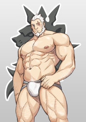 Rule 34 | 1boy, abs, alternate hairstyle, arm hair, bara, bulge, chest hair, facial hair, feet out of frame, highres, jockstrap, koji (wildlhz), large pectorals, leg hair, looking at viewer, male focus, male underwear, mature male, muscular, muscular male, mustache, navel, navel hair, nipples, old, old man, overwatch, overwatch 1, pectorals, reinhardt (overwatch), short hair, solo, spiked hair, stomach, thick thighs, thighs, topless male, underwear, underwear only, white hair, white male underwear