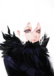 Rule 34 | 1girl, black feathers, closed mouth, feather trim, feathers, hair between eyes, karasu-san (syh3iua83), original, simple background, smile, solo, white background, white hair