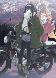 Rule 34 | 2024, 2girls, absurdres, bags under eyes, black-framed eyewear, black footwear, black hair, black pantyhose, blue archive, brown hair, closed eyes, glasses, grey eyes, hairband, halo, hands in pockets, happy new year, highres, honda, honda ct125, kilabo, long hair, long sleeves, looking at viewer, motor vehicle, motorcycle, multiple girls, new year, open mouth, outdoors, pantyhose, rectangular eyewear, revision, shimiko (blue archive), shirt, shoes, smile, sneakers, snow, standing, twintails, ui (blue archive), white hairband