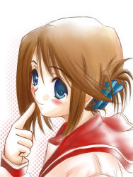 Rule 34 | 00s, 1girl, blue eyes, blush, brown hair, finger to mouth, folded ponytail, from above, hair ornament, hairclip, komaki manaka, looking at viewer, sailor collar, school uniform, serafuku, solo, to heart (series), to heart 2, x-4kazu