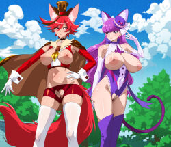 Rule 34 | 2girls, animal ears, bar censor, blue sky, blush, breasts, breasts out, cape, censored, cleft of venus, cloud, crotchless, crotchless leotard, crotchless shorts, cure chocolat, cure macaron, earrings, elbow gloves, fake animal ears, fake tail, female pubic hair, fuooooo, gloves, hand on own hip, hat, highres, jewelry, kirakira precure a la mode, large areolae, large breasts, long hair, looking at viewer, midriff, multiple girls, navel, nipples, outdoors, paid reward available, precure, pubic hair, purple eyes, purple hair, pussy, red eyes, short hair, sky, smile, tail, thighhighs, top hat, very long hair, white gloves, white thighhighs