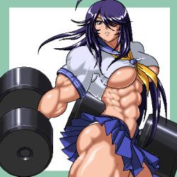Rule 34 | 00s, 1girl, barbell, breasts, dumbbell, exercising, extreme muscles, female focus, ikkitousen, kan&#039;u unchou, lowres, muscular, panties, ren (tainca2000), skirt, solo, underboob, underwear, weightlifting, weights, white background