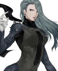 Rule 34 | 1girl, biker clothes, black scarf, breasts, corset, cosplay, costume switch, earrings, gloves, hair over one eye, highres, jewelry, lips, lipstick, long hair, long sleeves, looking at viewer, makeup, niijima sae, persona, persona 5, pertex 777, red eyes, scarf, silver hair, simple background, solo, spikes, white background, white gloves