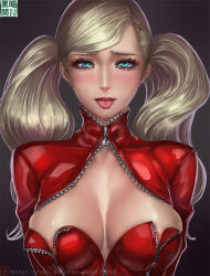 Rule 34 | 10s, 1girl, areola slip, atlus, blonde hair, blue eyes, blush, bodysuit, breasts, cleavage, earrings, female focus, hair ornament, hairclip, jewelry, large breasts, latex suit, limgae, long hair, looking at viewer, nipple slip, nipples, open mouth, persona, persona 5, portrait, saliva, sega, solo, takamaki anne, tongue, tongue out, twintails, unzipped, upper body, zipper