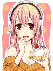 Rule 34 | 1girl, bare shoulders, blush, breasts, cake, cake slice, female focus, food, fruit, headphones, large breasts, long hair, looking at viewer, nitroplus, open mouth, orange shirt, pink hair, potato (oriha94), red eyes, shirt, solo, strawberry, strawberry shortcake, super sonico, sweater, wavy mouth, whipped cream