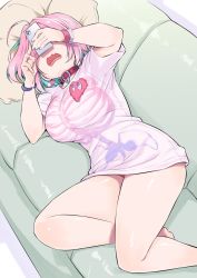 Rule 34 | 1girl, aqua hair, barefoot, breasts, commentary request, couch, covered face, earrings, hair intakes, heart-shaped lock, heart collar, heart on chest, highres, idolmaster, idolmaster cinderella girls, inu (aerodog), large breasts, lying, multicolored hair, on side, open mouth, panties, panty peek, phone, pill, pill earrings, pillow, pink hair, pink wristband, shirt, skeleton print, solo, t-shirt, thighs, two-tone hair, underwear, yumemi riamu