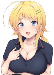 Rule 34 | 1girl, black mutou, black shirt, blonde hair, blue eyes, breasts, cleavage, commentary request, hachimiya meguru, highres, idolmaster, idolmaster shiny colors, large breasts, looking at viewer, shirt, simple background, solo, upper body, white background